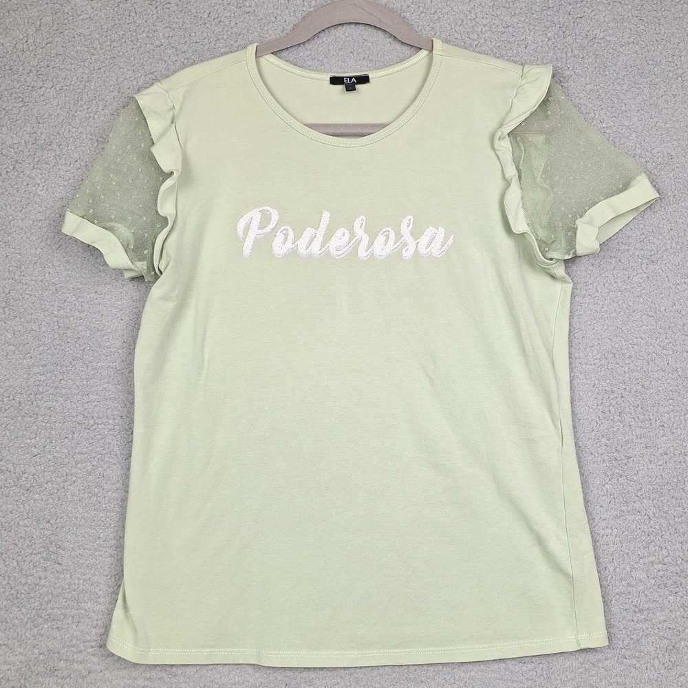 ELA Poderosa Graphic Tee Womens Large‎ Green Ruffle Mesh Swiss Dot Sleeve